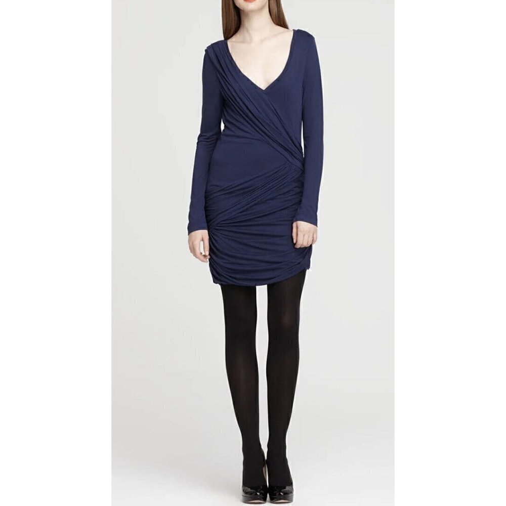 BCBG Maxzaria HAJ6O150 Terry V-neck Shirring Dress Size Large Pacific Blue